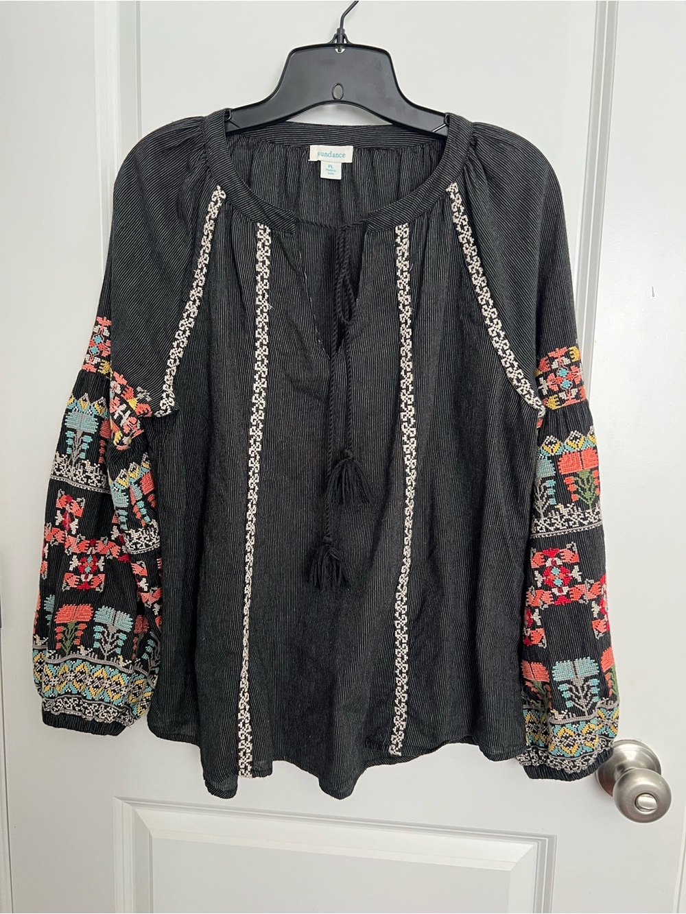 Sundance Black Boho Embroidered Peasant Blouse with Tassel Tie